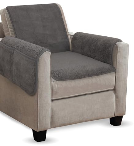 Bestlivings Sesselschoner Lammflor Optik (Grau) - 140x144cm - Sesselauflage mit Armlehnen und Taschen - Sesselüberwurf ÖKO-Tex Schoner für Sessel - Überwurf
