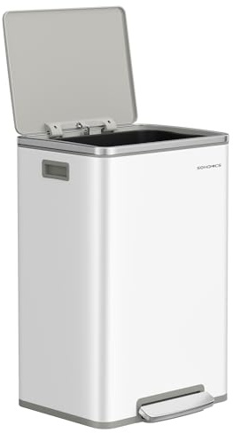 SONGMICS Trash Can, 13-Gallon Gabbage Can, with 15 Trash Bags, Steel, with Soft-Close Lid, Removable Inner Bucket, Handles, Cloud White ULTB595W01V1