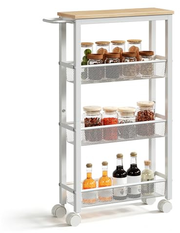 HOOBRO Carro de Servicio de 4 Niveles con Ruedas y Patas Ajustables, Carrito con Ruedas y Paneles Laterales, Carro de Cocina, Carrito de Bar, para Cocina, Salón, Blanco y Madera Natural EWN71TC01