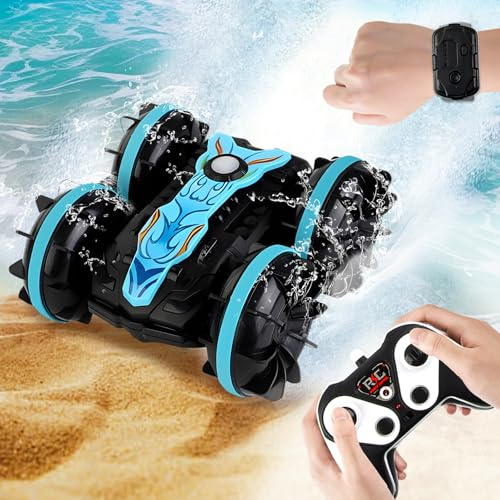 Fancysky Macchina Telecomandata, 2.4Ghz Macchina Radiocomandata Anfibia, Auto Telecomandata 4WD, Gira e Rigira a 360°, Controllo dei Gesti, Regali di Natale, Piscina, Giocattoli da Spiaggia