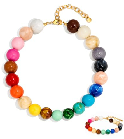 Wusejosapi Collar Chunky de Perlas, Collar Boho Statement, Collar de Resina para Mujer, Choker de Perlas de Resina Arcoíris 20mm con Cadena de Oro Ajustable para Verano, Playa y Atuendos Boho