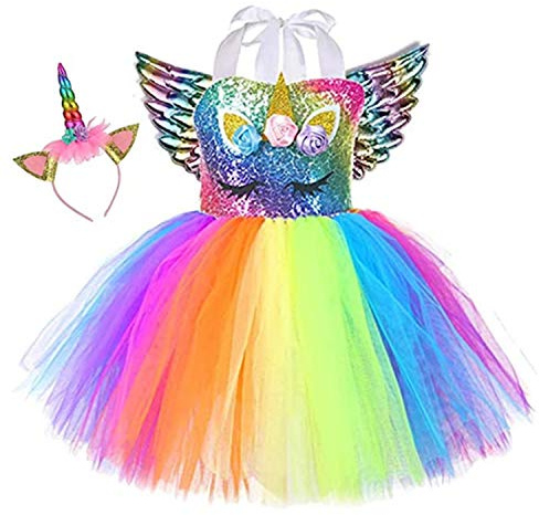 Sincere Party Tutu per bambina in tulle con unicorno Abito soffice per compleanno con unicorno arcobaleno con fascia e ali 6-7 anni(120cm-130cm)