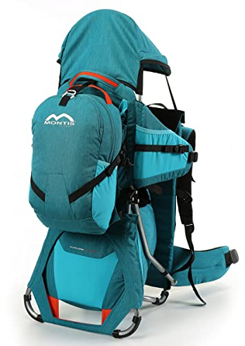 MONTIS EXPLORE NEXUS Kraxe Kindertrage bis 25kg Kinder-Gewicht mit vielen Extras - Premiummodell - geringes Eigengewicht, passend für beide Elternteile, besserer Komfort mit Wirbelstütze, BLAU