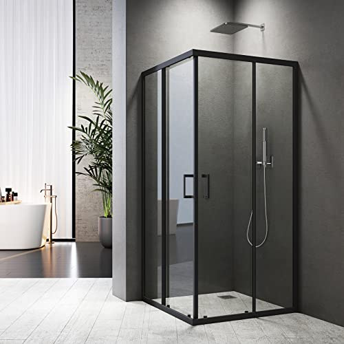 Baode Duschkabine Eckeinstieg 80x80 cm, Doppel Schiebetür Duschabtrennung 6mm ESG Glas, Höhe 185cm Duschtür(Schwarz)