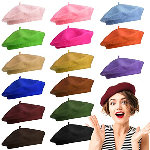 Honoson 15 Pieces Women Wool Beret Hat Wool French Beret Hat Artist Cap Winter Solid Color Cap for Women (Elegant Color)