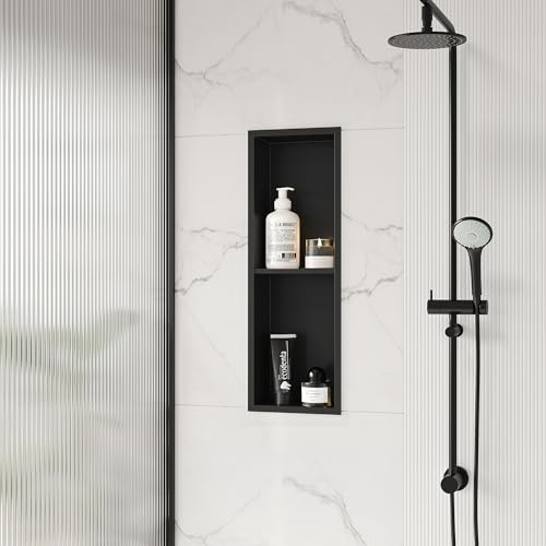 Qeke 8X24 inch Recessed Shower Bathroom Niche, stainless steel Double cubbies, Storage wall niche for shampoo (Matte Black)