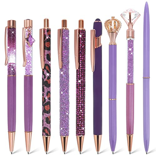 TIESOME Set di 9 penne a sfera in metallo con strass e sabbia liquida, per diari e diari, inchiostro nero, graziose penne fantasiose per donne, ragazze, matrimoni, scuola, ufficio (Viola)