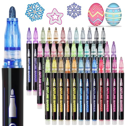 KOUSICOO Glitter Markers Outline Pens Metallic: 36 Double Line Outline Markers,Self Outlining Glitter Pens Adult Coloring Gel Sparkle Outliner Shimmer,Drawing Cool Fun Magic Stuff