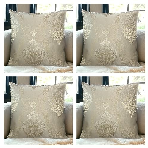 Seechoo Set of 4 - Beige Cream Gold Embroidered Damask Cushion Covers 18x18 Inch Decorative Luxury Pillowcases Invisible Zipper 45cmx45cm - X-thick (Design 11)