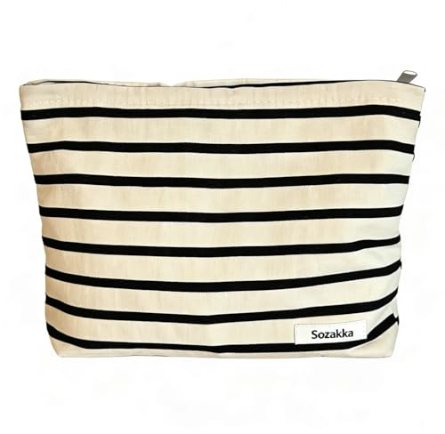 Torytoe Borsa Cosmetica da Viaggio, Borsa Cosmetica da Donna, Beauty Case da Viaggio Donna, Borsa da Viaggio per Cosmetici, Borsa da toilette in tela a coste Impermeabile Portatile, nero a strisce