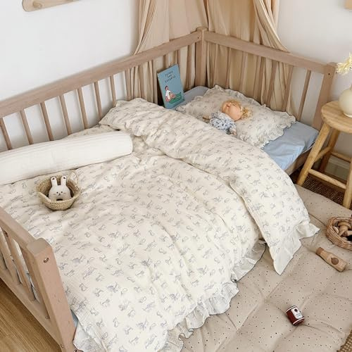 AOJIM Cute Kids Muslin Duvet Cover with Cat Patterns, 100% Cotton Toddler Comforter Cover 1 piece 47X59 inch, Ruffled Design 2-layer gauze Baby Crib Quilt Cover for Boys Girls, No Pillowcases or Quilt