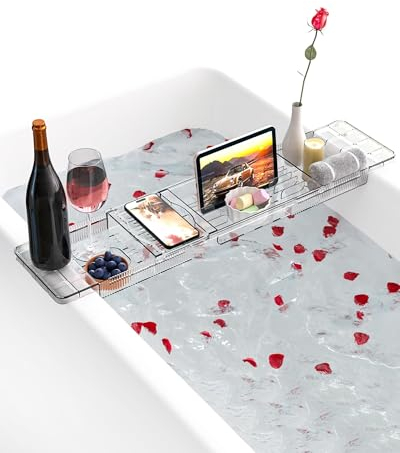 Plateau Baignoire en Acrylique, Pont de Baignoire Extensible, Tablette Baignoire Pouvant Contenir Un Ipad, Un Téléphone, Un Verre, Une Bougie, Planche Baignoire, Accessoires pour Le Bain Transparent