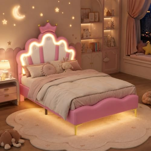 KeepGoon Polsterbett 90x200,Kinderbett mit Lattenrost und LED-Beleuchtung,Flaches Bett mit Kopfteil in Wolkenform,kronenförmiges Prinzessinnenbett,weiche Polsterung aus PU-Leder