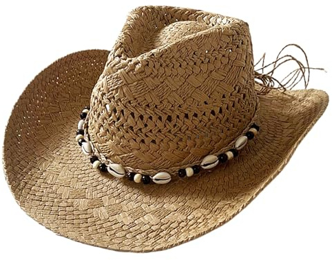 Hperu Sombrero de paja para hombre, sombrero de vaquero occidental de verano con ala ancha, protección solar, transpirable, caqui, talla única, 58 cm