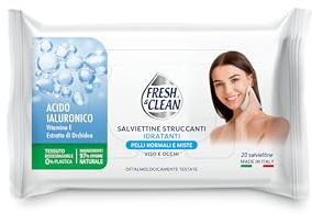 Fresh & Clean - Salviettine Struccanti, Pelli Normali, con Acido Ialuronico, Tessuto 100% Origine Naturale, Senza Alcool e Oli minerali, 20 pezzi