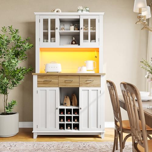 Moimhear Armarios de cocina, armarios altos de cocina buffet, vitrinas, armarios tipo buffet con estantes ajustables, aparadores con iluminación ambiental, armarios tipo buffet (cajones de color