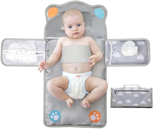 Anti Roll Diaper Changing Pad Mat with Swaddle Strap 3-in-1 Portable Waterproof Foldable Travel Station Built-in Pillow, Wipes Holder, Storage Pockets, Shower Gift for Newborns Girls,Boys