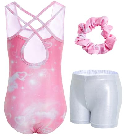 JiAmy Justaucorps gymnastique filles, 3 pièces tenue gymnastique body gymnastique brillant avec short et dos croisé pour enfants de 11-12 ans
