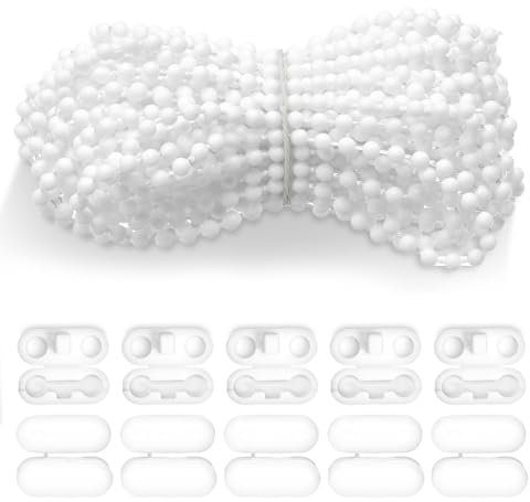 10 Meters White Roller Blind Bead Chain Cords with Adjustable Length, Curtain Beaded Chain Cord with 10 Bead Buckle, Beaded Chains for Roman Vertical Pleated Honeycomb Shade Blinds Cord