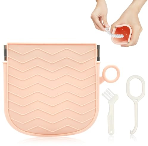 AOOWU Caja Ortodoncia, Caja de Retención Dental de Silicona con Agujeros de Ventilación, Ultrafino y Portátil Viajes Caja de Baño de Dientes Falsos para Hombres, Mujeres y Niños, Rosa