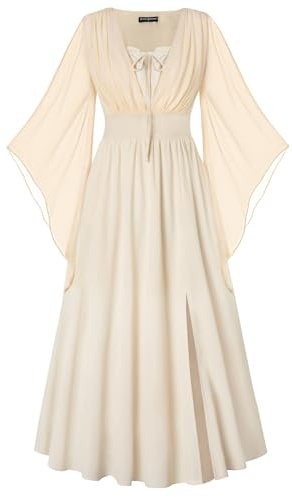 SCARLET DARKNESS Women Renaissance Lace-up Bell Sleeves Medieval Maxi Dress | V-Neck, 3/4 Bell Sleeves, Lace-up Front, High Waist, Smocked Back, Slit at the front left hem, Pockets on Both Sides