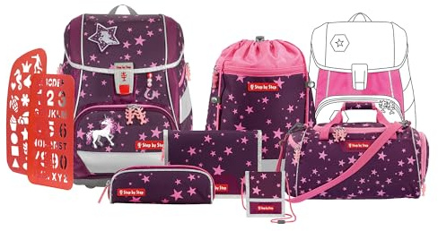 Step by Step Schulranzen-Set 2IN1 PLUS „Unicorn Nuala“, 9-teilig, lila, ergonomischer 19L Tornister, höhenverstellbar mit Hüft- und Brustgurt für Mädchen ab der 1. Klasse, inkl. Zubehör