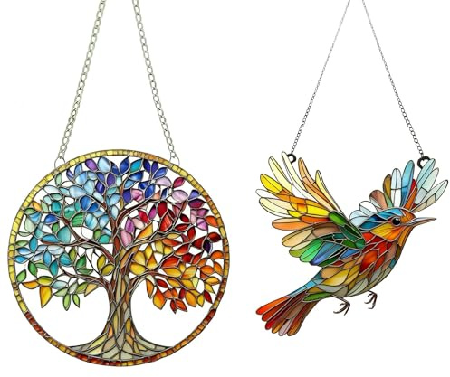 THXFUNAREA Set Da 2 Acchiappasole Da Finestra, Motivi Colibrì E Albero Della Vita, Decorazione Sospesa In Vetro Colorato, Porta Energia Vitale In Casa, Per Soggiorno, Camera Da Letto, Giardino