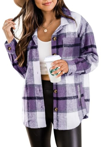 Beaully Womens Casual Plaid Brushed Flannel Button Down Pocketed Shirt Jacket Shackets Coats 6025 Purple X-Large