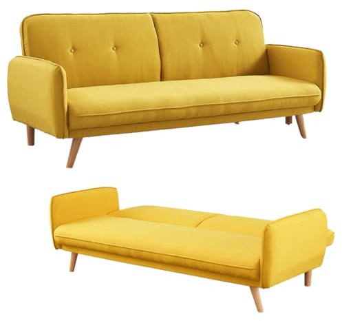 Home Detail Fabric Sofa Bed with Click Clack Sofabed Function 3 Seater Double Folding Guest Bed Settee in Grey, or Mustard Upholstered Fabric (Mustard)