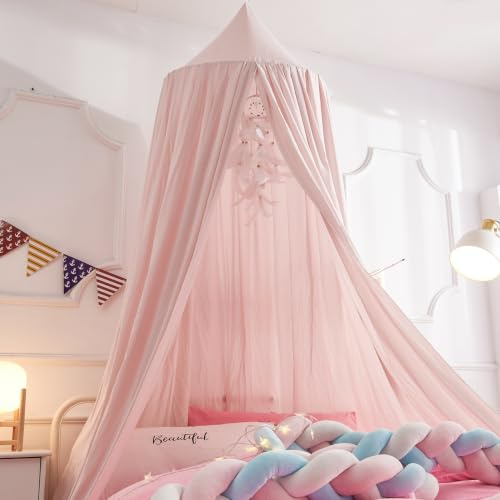 Surwin Bed Canopy for Girls Boys Kids Single Double Bed, Solid Color Round Dome Bed Canopy Mosquito Net Protection Canopy Play Tent Bedroom Nursery Decoration Hanging Curtain Net (Light Pink)