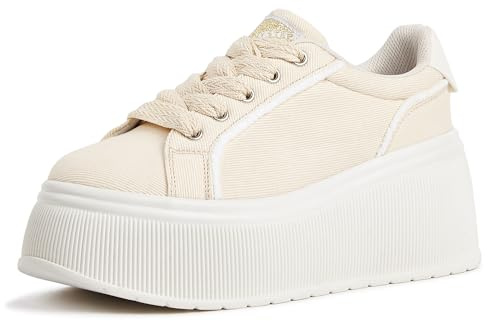 LUCKY STEP Scarpe da Donna con Piattaforma | Sneaker Classiche con Zeppa in Tela Casual Basse retrò (Beige, 7US-37EU-4UK)