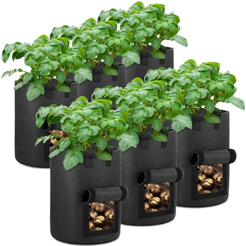 OPPOLIFE 6-Pack 10 Gallon Potato Grow Bags with Flap Window, Heavy Duty Aeration Fabric Pots with Handles for Garden and Planting(Black)