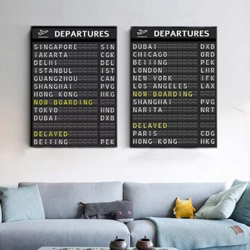 belikeprly Tablero DE Aeropuerto Carteles e Impresiones de Tablero de Destino Tablero de Viaje Cita Arte Lienzo Pintura Imágenes Decoración de Viaje de Luna de Miel - 40x60cmx2 Sin Marco