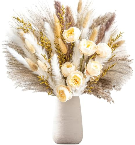 86Pcs Nature Pampas Grass Boho Natural Dried Flowers Decoration Bouquet DIY Reed Flower Decor for Flower Arrangement, Wedding Decor, Home Décor, Table Living Room Vases (White)