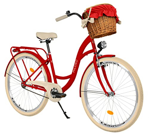 MILORD Bicicletta da donna Citybike Comfort Con cestino in vimini Stile vintage, 26, 28 pollici, 1 cambio (Rosso, 28 pollici)