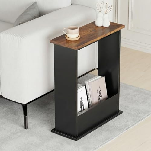Blisswood Slim Side Table, Small Side Table With Magazine Rack, Modern Style Sofa End Tables For Living Room And Office For Bedroom, Study (55 x 45 x 18 Cm, Rustic & Black)