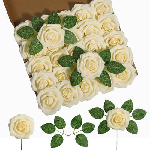 DuHouse 25 st konstgjorda rosor blommor falsk ros med stjälkar äkta touch skum blomhuvud för gör-det-själv bröllop brudbukett babyshower bordsuppsats blomsterarrangemang fest heminredning (ljus