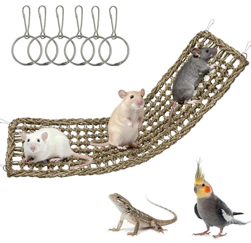Jevnd 30x7inch Rat Climbing Toys for Cage, Chewable Natural Seagrass Mat with Metal Hooks, Soft Fall Breakers for Rats, Rat Ladder Bridge Toy with Mild Grassy Scent, Rodent Hammock Cage Accessories