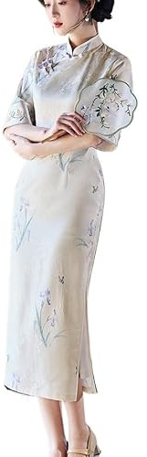 HEARTTOUCH Elegant Women's Embroidery Cheongsam Chinese Handcrafted Qipao Vintage Dress for Weddding Party Cocktail Evening (White-1,Small)