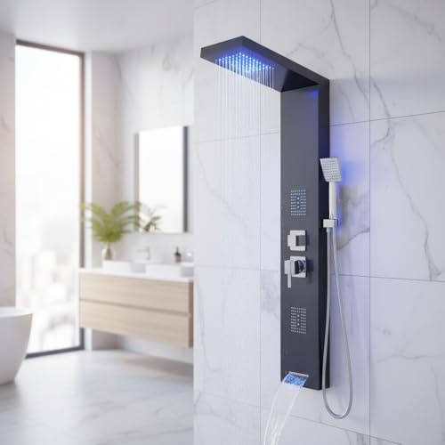 Bath Shower Mixer Black Shower Panel Tower System with LED Column Shower Bath Panel Rail Shower Mixer with Shower Head and Hose Stainless Steel Shower Panel Column Tower