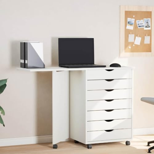 Mokuyary rullskåp med skrivbord, moss, vitt, massivt trä, furu, rullbehållare med 7 lådor, mobilt arkivskåp med rullar, kontorsbehållare, sidobord för vardagsrum, kontor