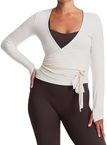 Springcmy Women Yoga Ballet Pilates Wrap Top Sexy Deep V Neck Tie Front Lace Trim Long Sleeve Tops Slim Fit Workout Blouse Top