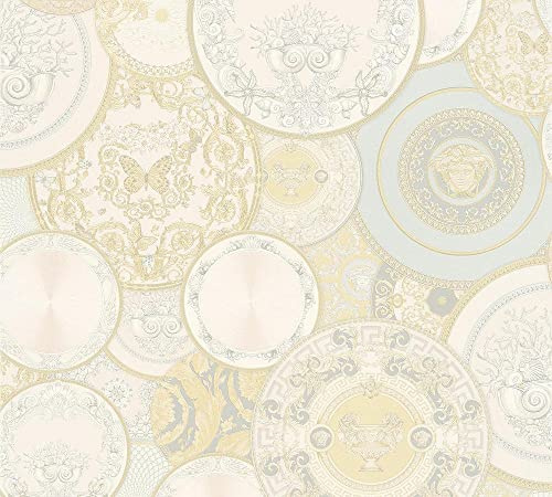 A.S. Création carta da parati in TNT con testa di Medusa in crema, blu, bianco, grigio – carta da parati barocca di lusso con effetto metallico 10,05 m x 0,70 m – 349012