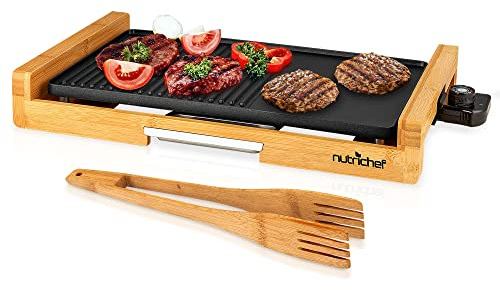 NutriChef Household Smokeless Indoor Grill, Nonstick Electric Grill, Detachable Bamboo, Tempaerature Control, Adjustable Temperature Knob, For Indoor BBQs with no smoke (Black)