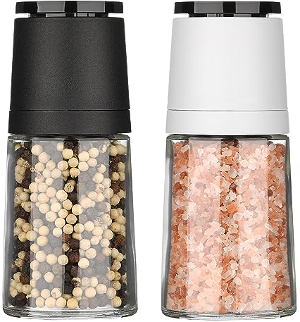 Hotder Salt and Pepper Grinder Set,Salt and Pepper Mill with Adjustable Ceramic Core& Glass Body,Salt & Pepper Shakers for Condiment and BBQ,No Salt/Pepper Included (2pack)(140ml)