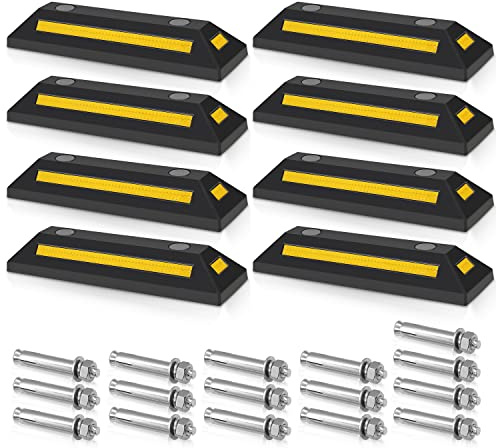 Jopassy 8 x Gummi Radstopper mit Dehnschraube, 54x15x10cm Parkplatzbegrenzung, Parkplatzsperre mit Gelb Reflektierende Streifen, Parkstopper, Parkplatzsperren für Parkplätze Garage Parkhäuser
