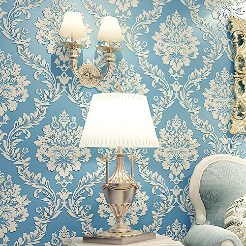 HimYKEA Carta da parati damascata con fiori 3D retrò europei per camera da letto soggiorno sfondo decorazione per la casa rotolo di carta da parati non incollata colore blu cielo 4,5 cm L x 80,9 cm L