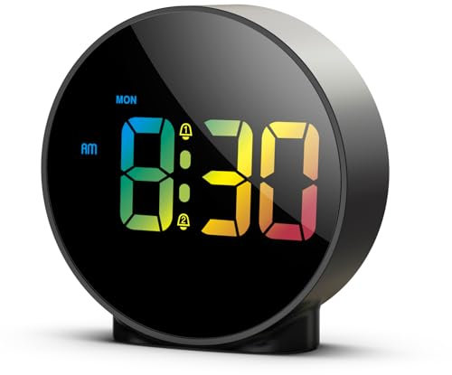OQIMAX Digital LED Alarm Clock, Alarm Clocks Bedside with Colorful HD Curved Display, Battery/USB Powered Digital Clock with Snooze, 4 Adjustable Brightness, 2 Alarms, 12/24Hr for Bedroom, Office