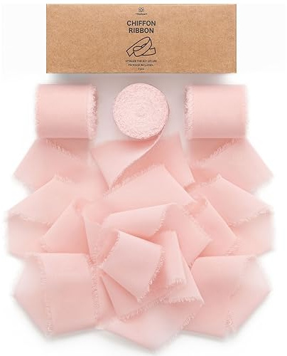 Vitalizart Chiffon Light Pink Gift Ribbon 3 Rolls 1.5'' x 7 Yd | 21 Yd Handmade Frayed Fringe Ribbons for Wedding Invitations, Bridal Bouquets, Gift Wrapping, Decoration, DIY Crafts