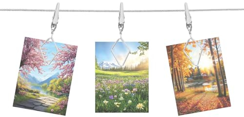 QUARKZMAN 2Pcs Cable de Acero para Colgar Fotos en La Pared con 20 Clips de Rombo, 5 Pies de Cable Ajustable para Colgar cuadros de Fotos Collage Decorativo de Pared Plata